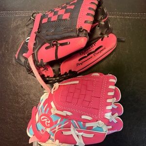 Rawlings Vibrant Pink 8.5 and Rawlings Hot Pink and Black Glove 9.5 T Ball